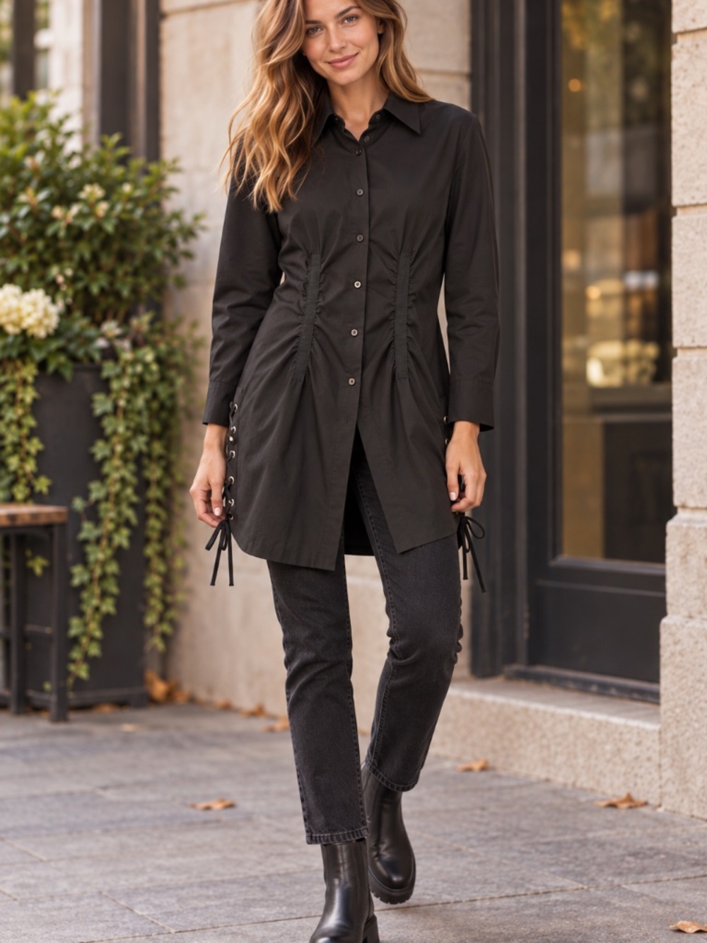 Andrea Rosati black dress/layering piece/coat 6 100% cotton black button down